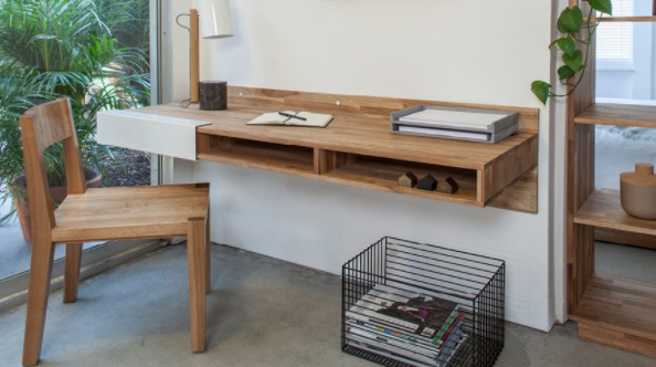 Wall-mounted desks save space.