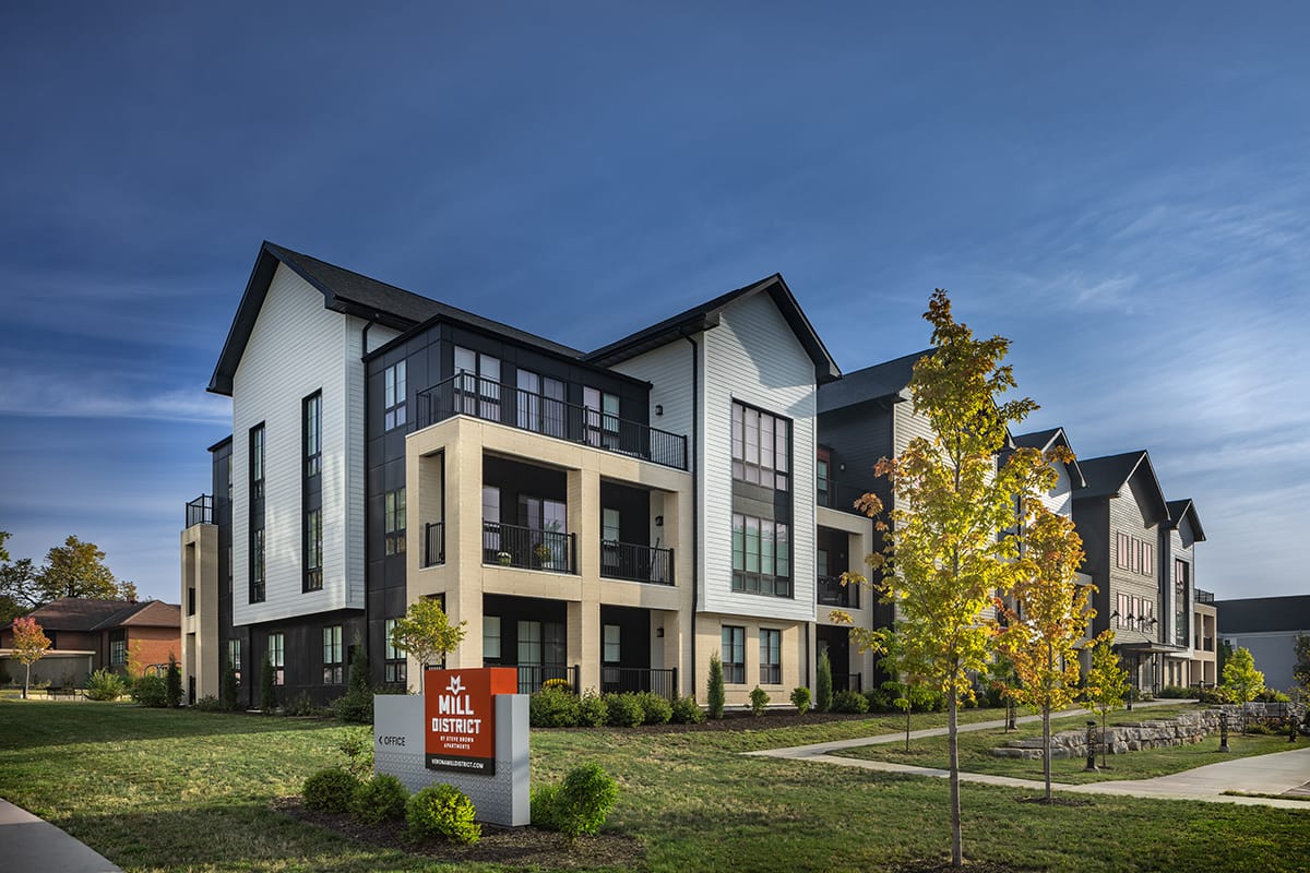 A photo of the exterior of Mill District Apartments