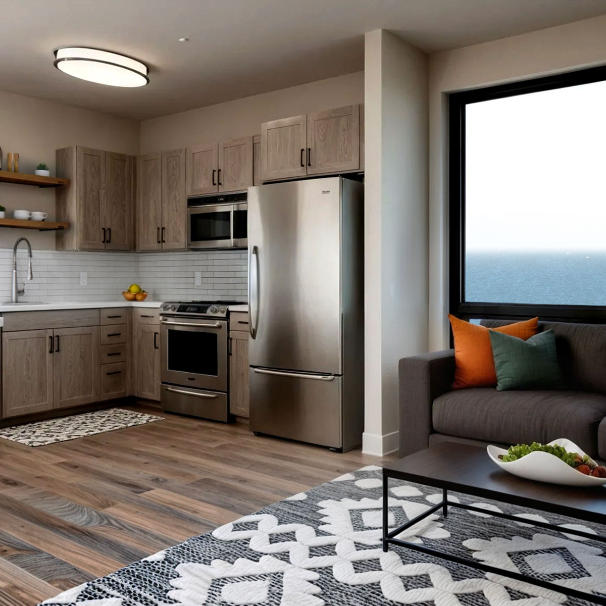 A rendering of a living room/kitchen at New Landgon